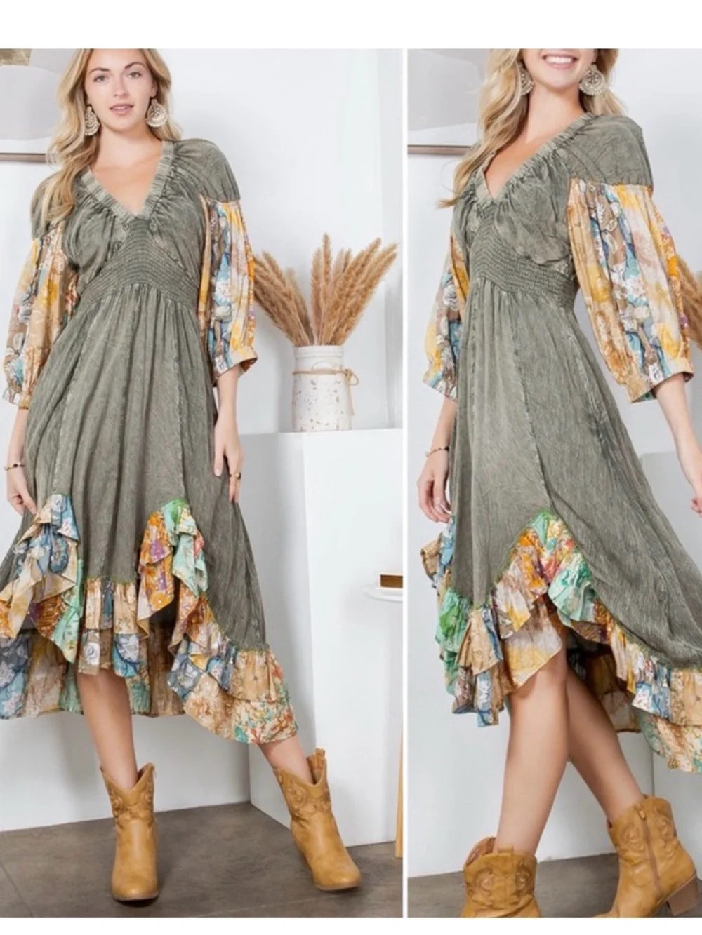 Boho V-Neck Olive Paisley Ruffle Maxi Dress NWOT Sz S . Will fit Sz M - Picture 2 of 6